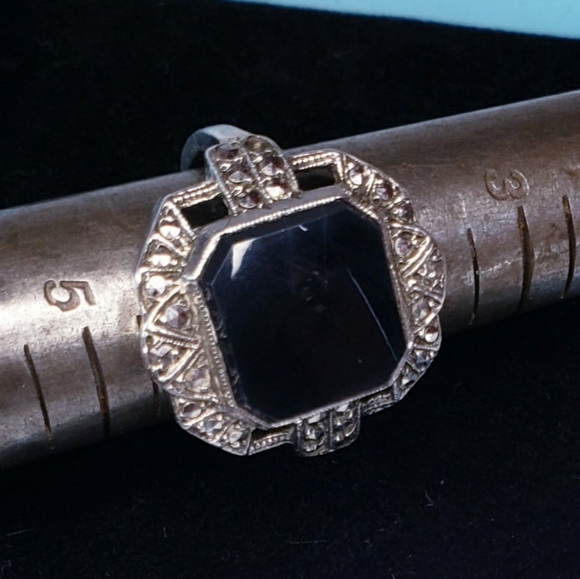 Vintage Art Deco Style Black Onyx & Marcasite Cocktail Ring Sz4 - Picture 4 of 7
